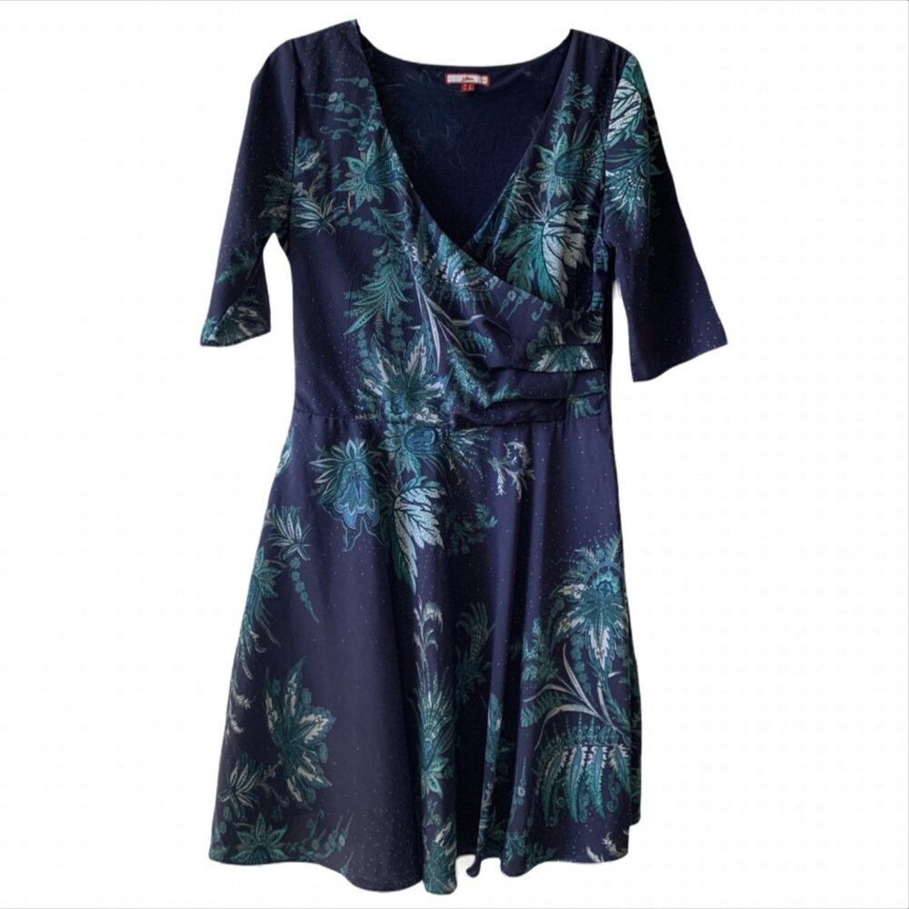 💙 Elegant Floral Paisley Faux Wrap Dress – Feminine & Flattering! 💙